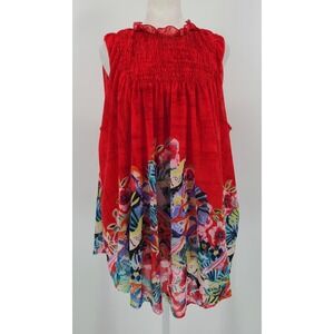 Deletta Anthropologie Boho Floral Tunic Top Women L Resort Smocked Dominica Red